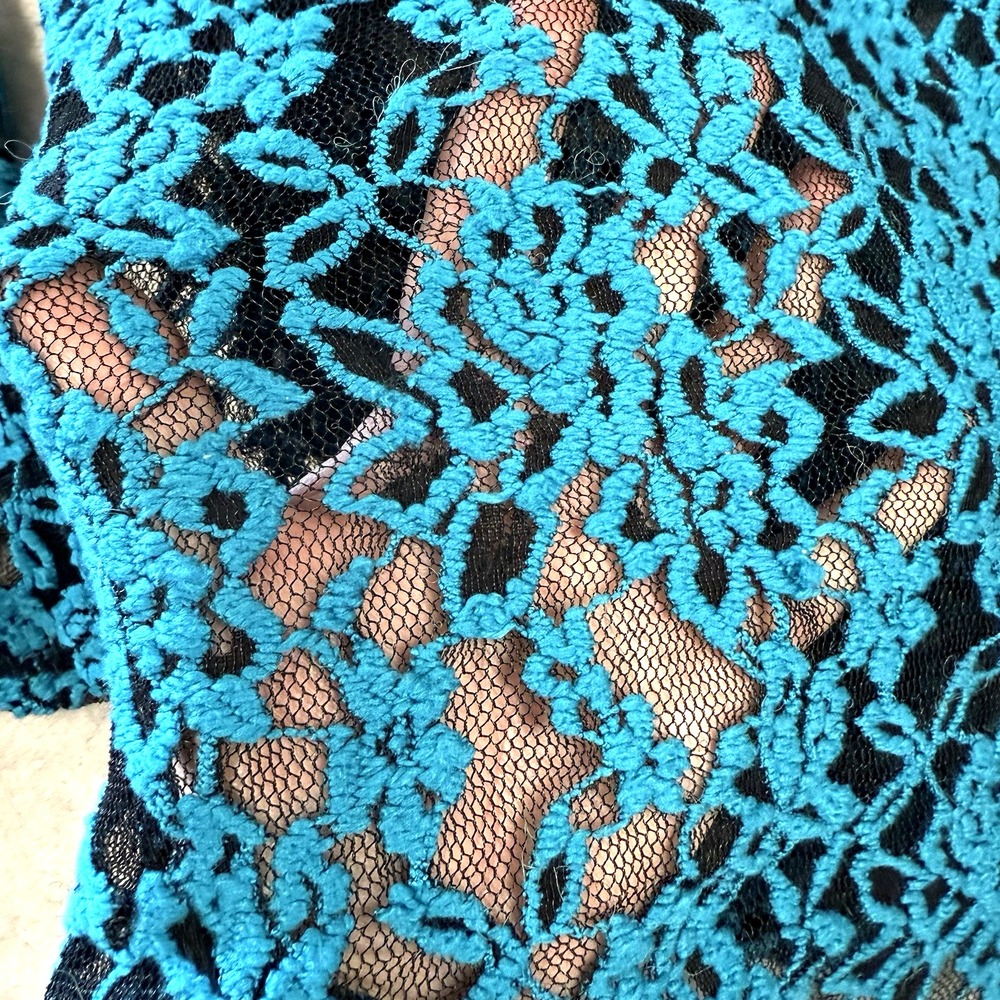 Womens  L Black Turquoise Flare Sleeve Lace Burnout Stretch Top Y2K Whimsigoth - Picture 3 of 11
